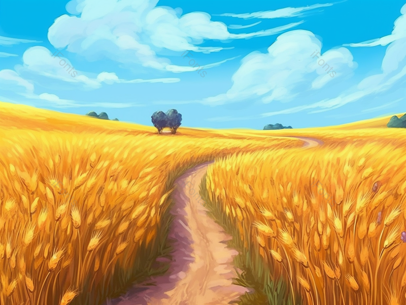 蓝天白云自然风光芒种金色麦田插画农作物植物背景,插画/手绘图,插画/手绘图库,插画/手绘图下载,插画/手绘